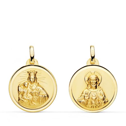 18K Escapulario Oro Amarillo Virgen Del Carmen Corazon Del Jesus Bisel 18 Mm
