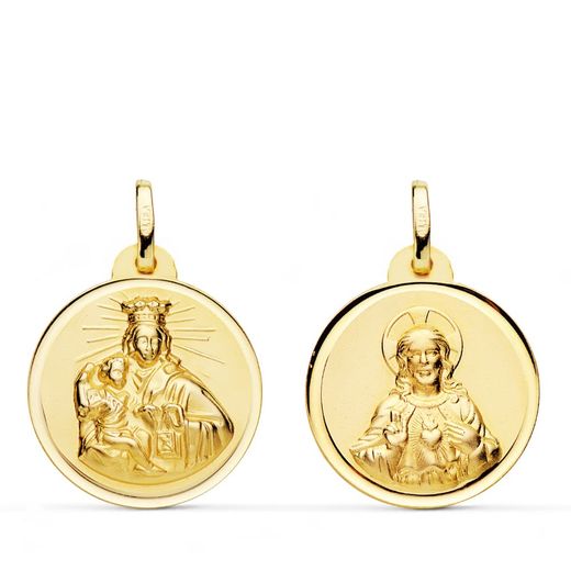 18K Escapulario Oro Amarillo Virgen Del Carmen Corazon Jesus Bisel 20 Mm