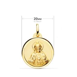 18K Escapulario Oro Amarillo Virgen Del Carmen Corazon Jesus Bisel 20 Mm