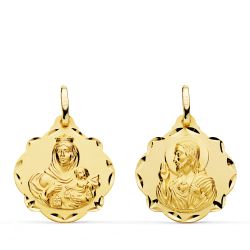 18K Escapulario Oro Amarillo Virgen Del Carmen Y Corazon De Jesus 20 Mm