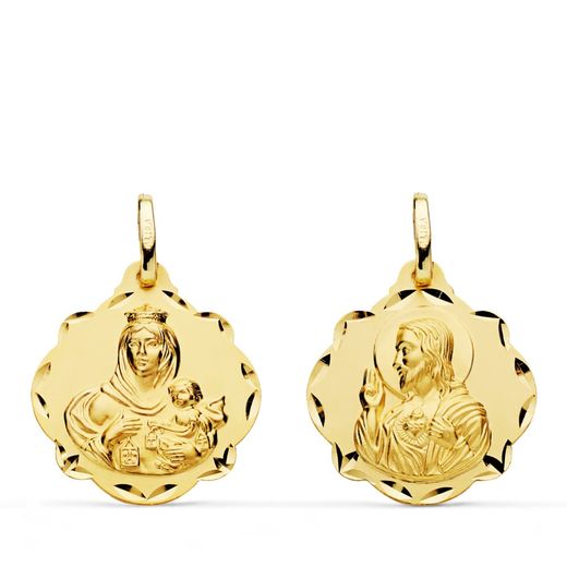 18K Escapulario Oro Amarillo Virgen Del Carmen Y Corazon De Jesus 20 Mm