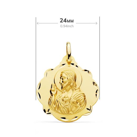 18K Escapulario Oro Amarillo Virgen Del Carmen Y Corazon De Jesus 24 Mm