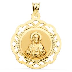 18K Escapulario Oro Amarillo Virgen Del Carmen Y Corazon De Jesus Calado Brillo 31 X 27 Mm