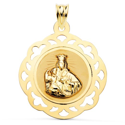 18K Escapulario Oro Amarillo Virgen Del Carmen Y Corazon De Jesus Calado Brillo 31 X 27 Mm