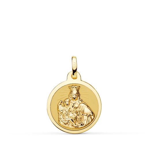 18K Escapulario Oro Amarillo Virgen Del Carmen Y Corazon De Jesus En Brillo 16 Mm