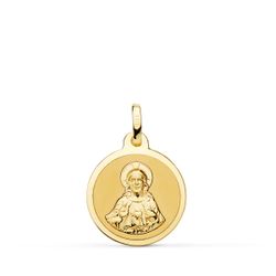 18K Escapulario Oro Amarillo Virgen Del Carmen Y Corazon De Jesus En Brillo 16 Mm