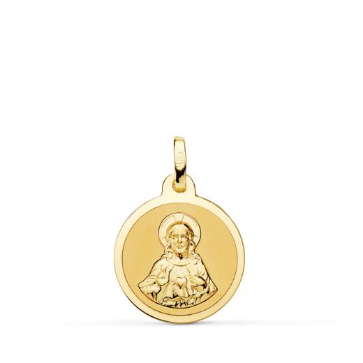 18K Escapulario Oro Amarillo Virgen Del Carmen Y Corazon De Jesus En Brillo 16 Mm