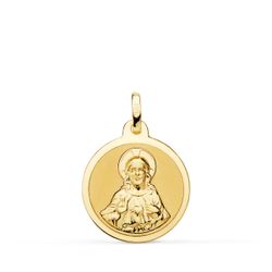 18K Escapulario Oro Amarillo Virgen Del Carmen Y Corazon De Jesus En Brillo 18 Mm