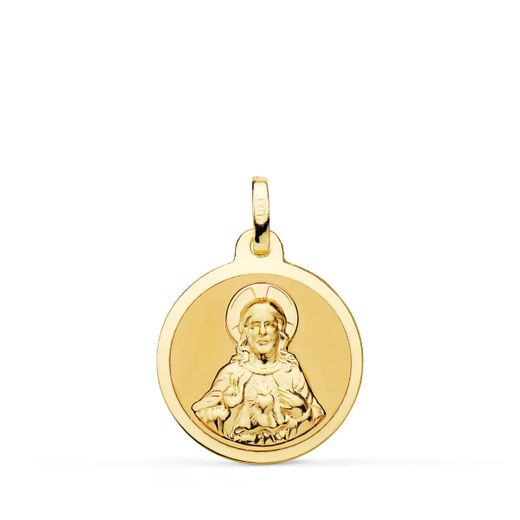 18K Escapulario Oro Amarillo Virgen Del Carmen Y Corazon De Jesus En Brillo 18 Mm