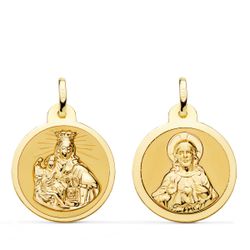 18K Escapulario Oro Amarillo Virgen Del Carmen Y Corazon De Jesus En Brillo 20 Mm