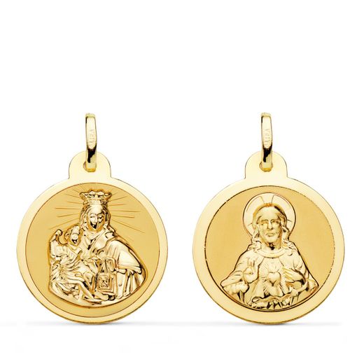 18K Escapulario Oro Amarillo Virgen Del Carmen Y Corazon De Jesus En Brillo 20 Mm