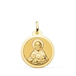 18K Escapulario Oro Amarillo Virgen Del Carmen Y Corazon De Jesus En Brillo 20 Mm