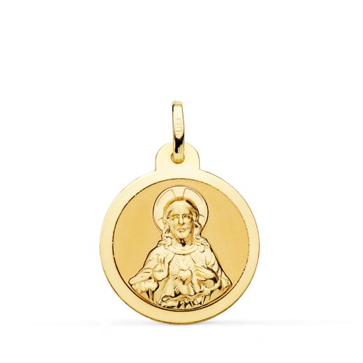18K Escapulario Oro Amarillo Virgen Del Carmen Y Corazon De Jesus En Brillo 20 Mm