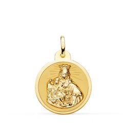 18K Escapulario Oro Amarillo Virgen Del Carmen Y Corazon De Jesus En Brillo 20 Mm
