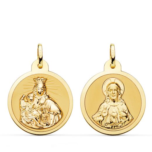 18K Escapulario Oro Amarillo Virgen Del Carmen Y Corazon De Jesus En Brillo 22 Mm