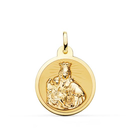 18K Escapulario Oro Amarillo Virgen Del Carmen Y Corazon De Jesus En Brillo 22 Mm