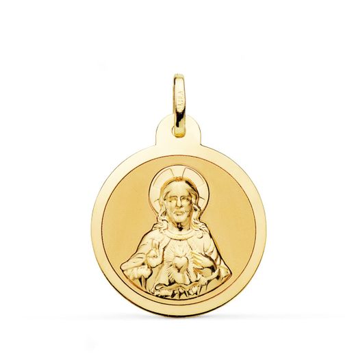 18K Escapulario Oro Amarillo Virgen Del Carmen Y Corazon De Jesus En Brillo 24 Mm