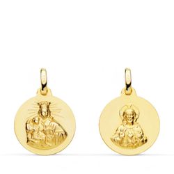 18K Escapulario Oro Amarillo Virgen Del Carmen Y Corazon De Jesus Liso 16 Mm