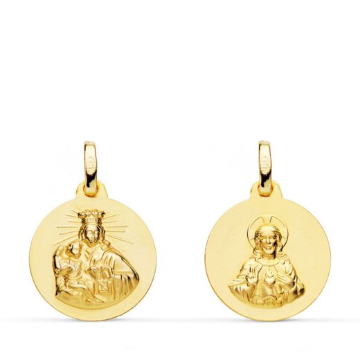 18K Escapulario Oro Amarillo Virgen Del Carmen Y Corazon De Jesus Liso 16 Mm