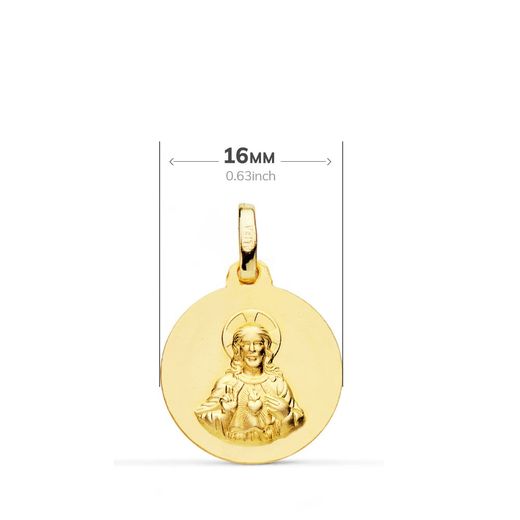 18K Escapulario Oro Amarillo Virgen Del Carmen Y Corazon De Jesus Liso 16 Mm