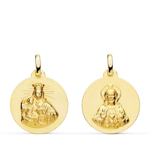 18K Escapulario Oro Amarillo Virgen Del Carmen Y Corazon De Jesus Liso 18 Mm