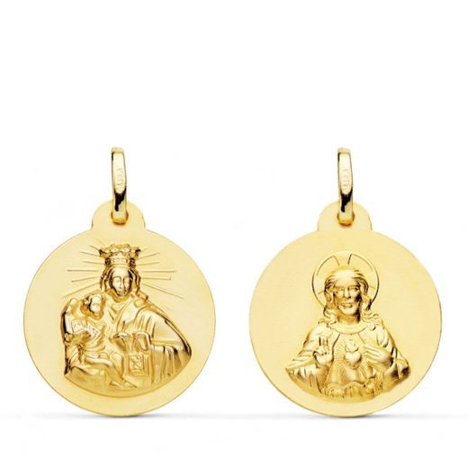 18K Escapulario Oro Amarillo Virgen Del Carmen Y Corazon De Jesus Liso 20 Mm