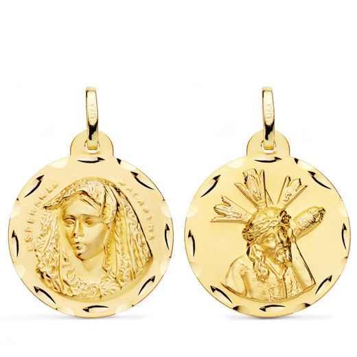 18K Escapulario Oro Amarillo Virgen Macarena Y Gran Poder Tallada 24 Mm