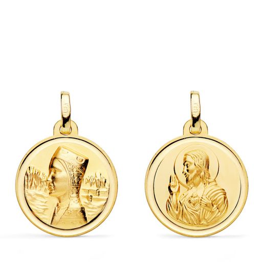 18K Escapulario Oro Amarillo Virgen Montserrat Y Corazon De Jesus Bisel 18 Mm