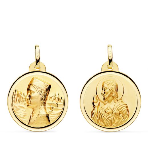 18K Escapulario Oro Amarillo Virgen Montserrat Y Corazon De Jesus Bisel 20 Mm