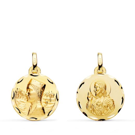 18K Escapulario Oro Amarillo Virgen Montserrat Y Corazon De Jesus Tallada 16 Mm