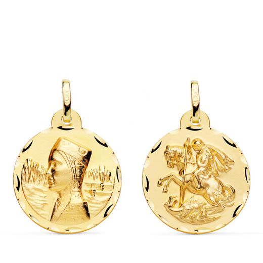 18K Escapulario Oro Amarillo Virgen Montserrat Y San Jorge Tallada 20 Mm