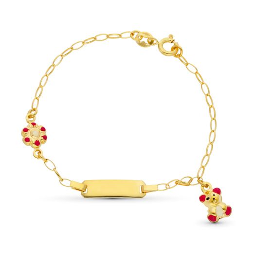 18K Esclava Oro Amarillo Oso Y Flor Esmalte 13Cm