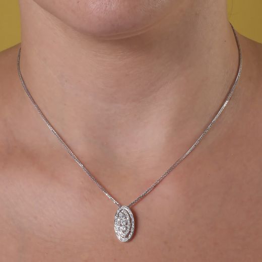 18K Gargantilla 45Cm Oro Blanco Juego Novia Circonita Motivo Oval 19X8 Mm