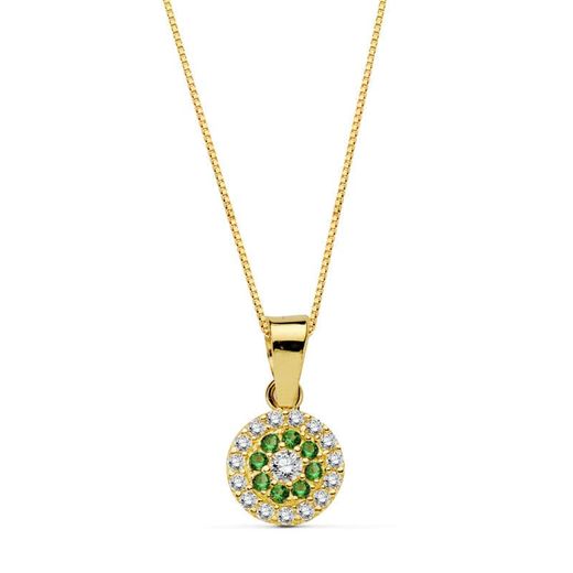 18K Gargantilla Collar Oro Amarillo Redondo Piedra Verde 7 Mm Cadena 45Cm