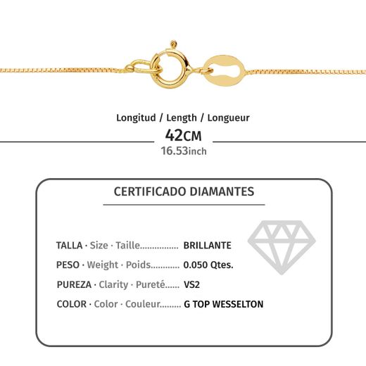 18K Gargantilla Oro Amarillo Chaton 6 Mm Diamante 0,050 Qts. G-Vs2. Cadena 42Cm