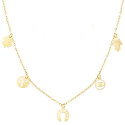 18K Gargantilla Oro Amarillo Con Colgantes De La Suerte Cadena Forzada 42 3 Cm
