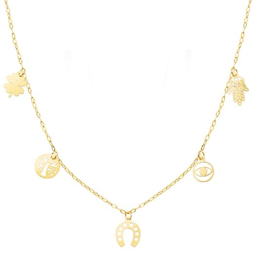 18K Gargantilla Oro Amarillo Con Colgantes De La Suerte Cadena Forzada 42 3 Cm