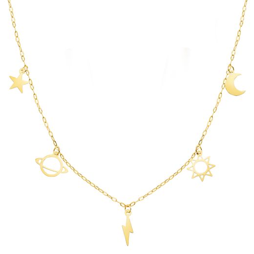 18K Gargantilla Oro Amarillo Con Colgantes Universo Cadena Forzada Tallada 42 3 Cm
