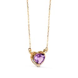 18K Gargantilla Oro Amarillo Corazon Amatista 7Mm Circonitas Cadena 40-2Cm
