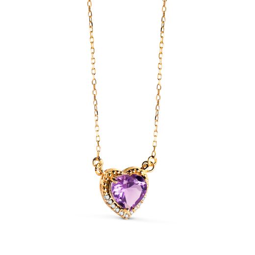 18K Gargantilla Oro Amarillo Corazon Amatista 7Mm Circonitas Cadena 40-2Cm