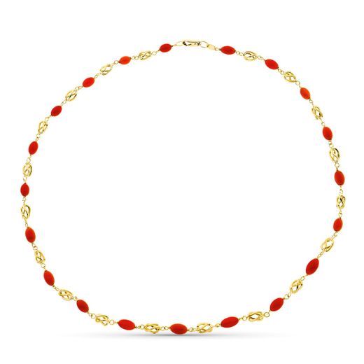 18K Gargantilla Oro Amarillo Jaula Coral Fino Cerdeña 8X5 Mm 45Cm