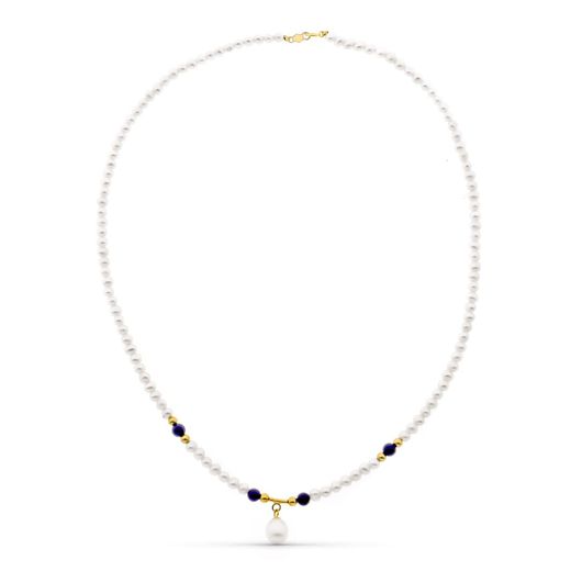 18K Gargantilla Oro Amarillo Perla Concha Natural Y Lapizlazuli