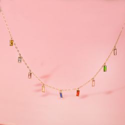 18K Gargantilla Oro Amarillo Y Colgantes De Circonita De Colores Cadena 42+3 Cm