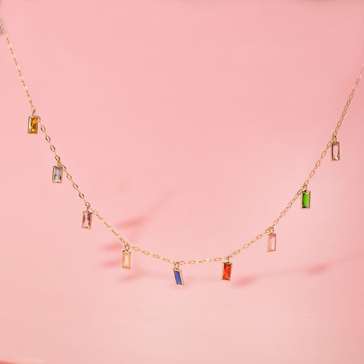 18K Gargantilla Oro Amarillo Y Colgantes De Circonita De Colores Cadena 42+3 Cm