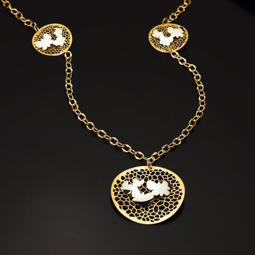 18K Gargantilla Oro Bicolor Colgante Redondo Con Mariposas 47 Cm