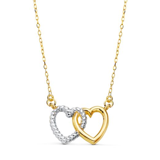 18K Gargantilla Oro Bicolor Dos Corazones 13X9 Mm. Cadena Forzada 42 3 Cm