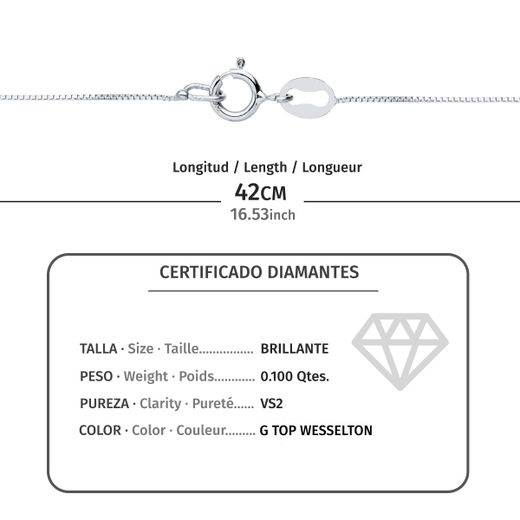 18K Gargantilla Oro Blanco Chaton 6,5 Mm Diamante 0,100 Qts. G-Vs2. Cadena 42Cm