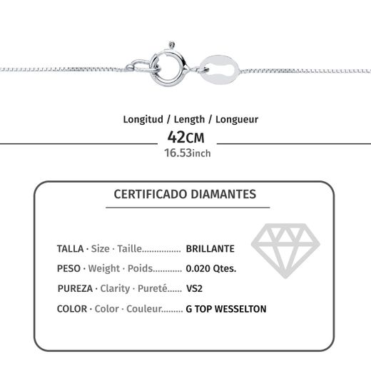 18K Gargantilla Oro Blanco Chaton Rombo 5.5 Mm. Diamante 0,020 Qts. G-Vs2. Cadena 42Cm