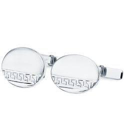 18K Gemelos Oro Blanco Oval Greca Mate Y Brillo 18X13 Mm Cierre Rigido Oscilante