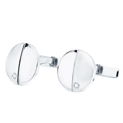 18K Gemelos Oro Blanco Redondos Mate Brillo 15 Mm Circonita Cierre Rigido Oscilante